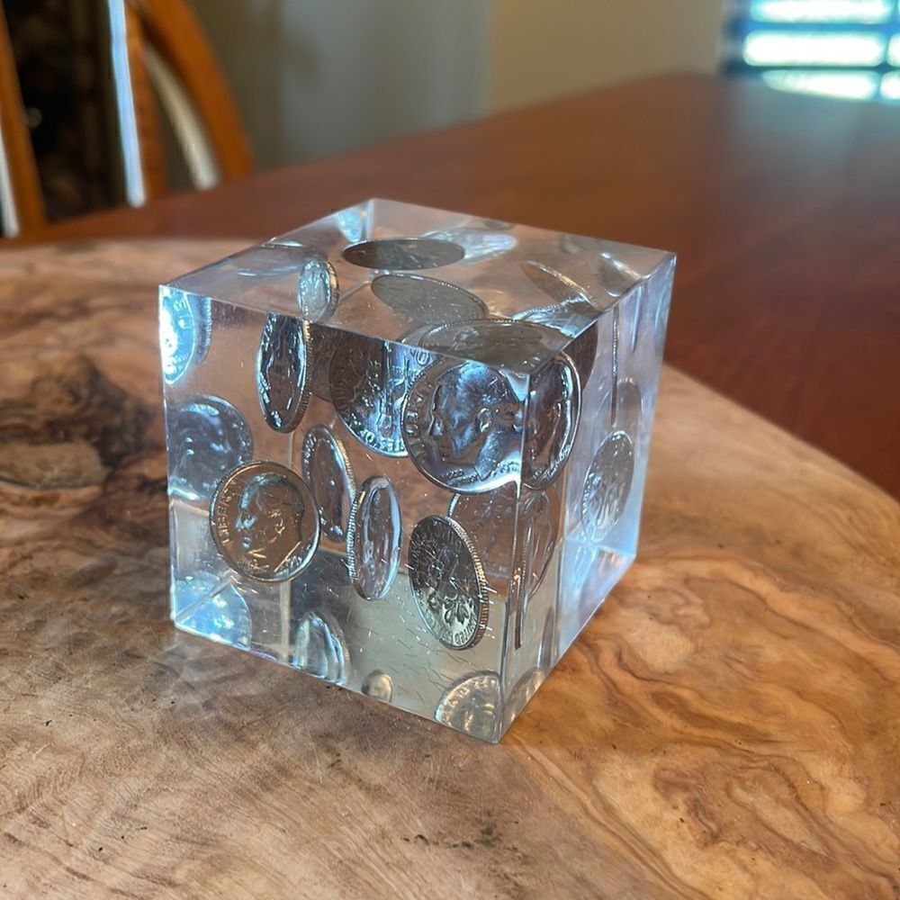 Vintage 70's Mid-Century Lucite & Dime Incapsulated Paperweight/Accent Piece